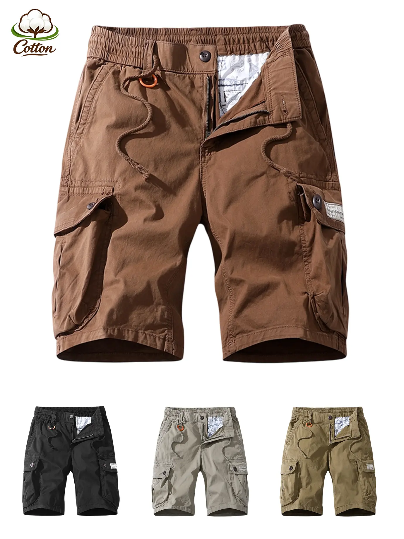 Minimalist Washed Cargo Shorts, Solid 97% Cotton Snap Flap Pockets, Drawstring D-Ring Waist, Loose Knee Length Streetwear Daily Casual Shorts