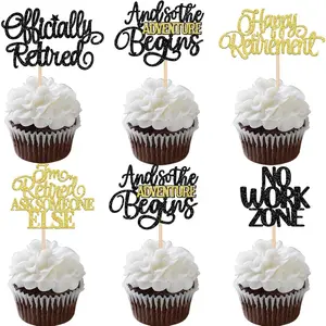 30 PCS Happy Retirement Cupcake Toppers Officially Retired Cupcake Picks No Work Zone Adventure Begins Cake Decorations for Retirement Theme Farewell Birthday Party Supplies Black Gold