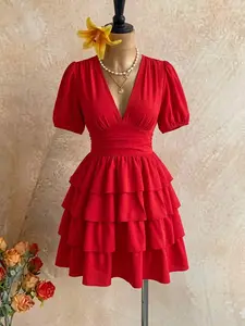 Women's Red Puff Sleeve Tiered Dress, Chic V-Neck High Waist Ruffle Flare Mini Dress for Casual & Vacation, Elegance
