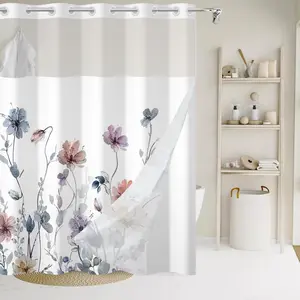No Hook Shower Curtain with Snap in Liner Watercolor Floral Shower Curtain and Liner Set Double Layers  Fabric and See-Through Top Window Bathroom Decorative 71x74inch