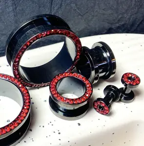 PAIR Red Gem Rimmed Screw Fit Tunnels Black Titanium Steel Plugs Earlets Gauges