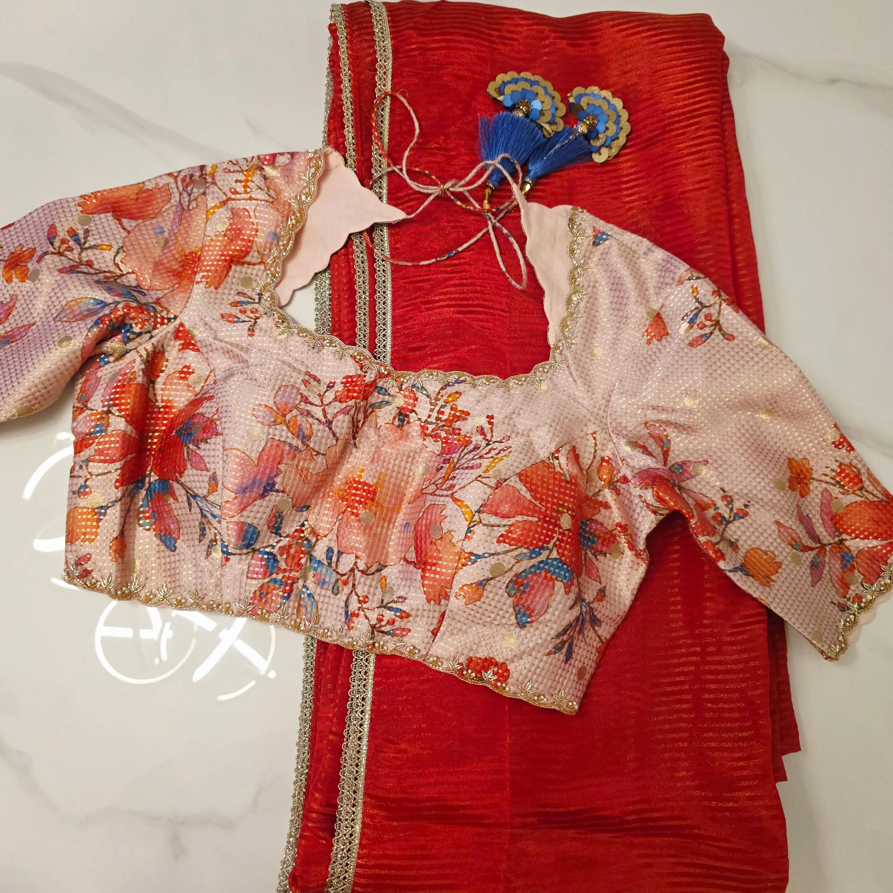 Reyavogue Women's Red Chanderi Tissue Stripes Saree With Floral Designer Blouse