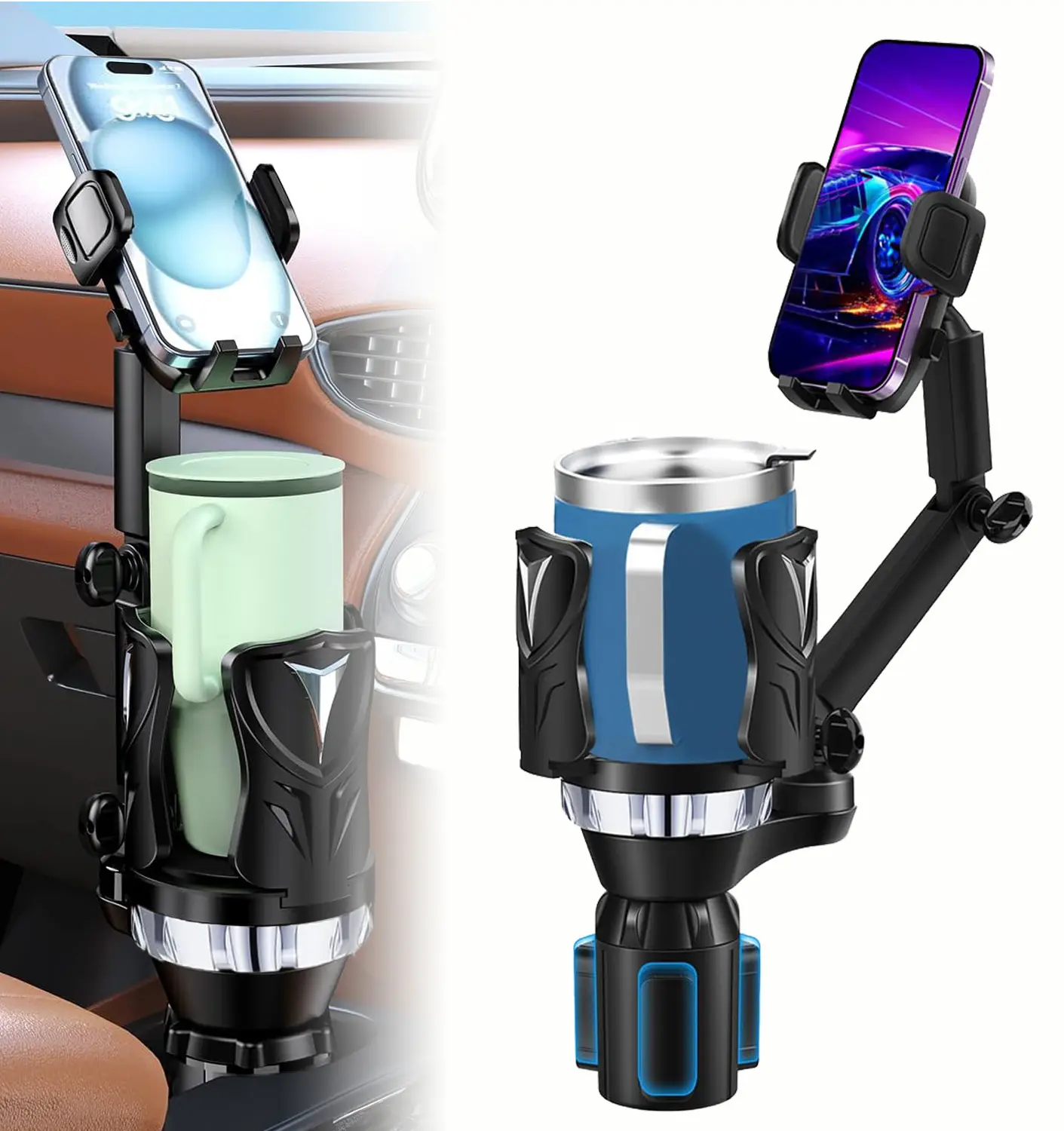 2-in-1 Car Phone Mount Cup Holder Expander - Long Arm, 360° Rotation, Car-Safe Compact Phone Mounts & Holders, Fits Up to 5.31'' Drinks/Mugs/Foods, Compatible With Most Smartphones, Phone Holder For Car, Car-Safe Mounts & Holders