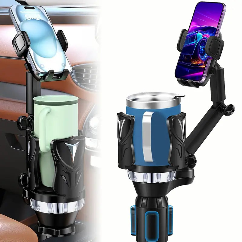 2-in-1 Car Phone Mount Cup Holder Expander - Long Arm, 360° Rotation, Car-Safe Compact Phone Mounts & Holders, Fits Up to 5.31'' Drinks/Mugs/Foods, Compatible With Most Smartphones, Phone Holder For Car, Car-Safe Mounts & Holders