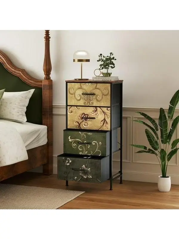Fabric Dresser with 4 Drawers, Retro Flower Design, Chest of Drawers with Sturdy Steel Frame, Wood Top for Bedroom, Living Room, Hallway