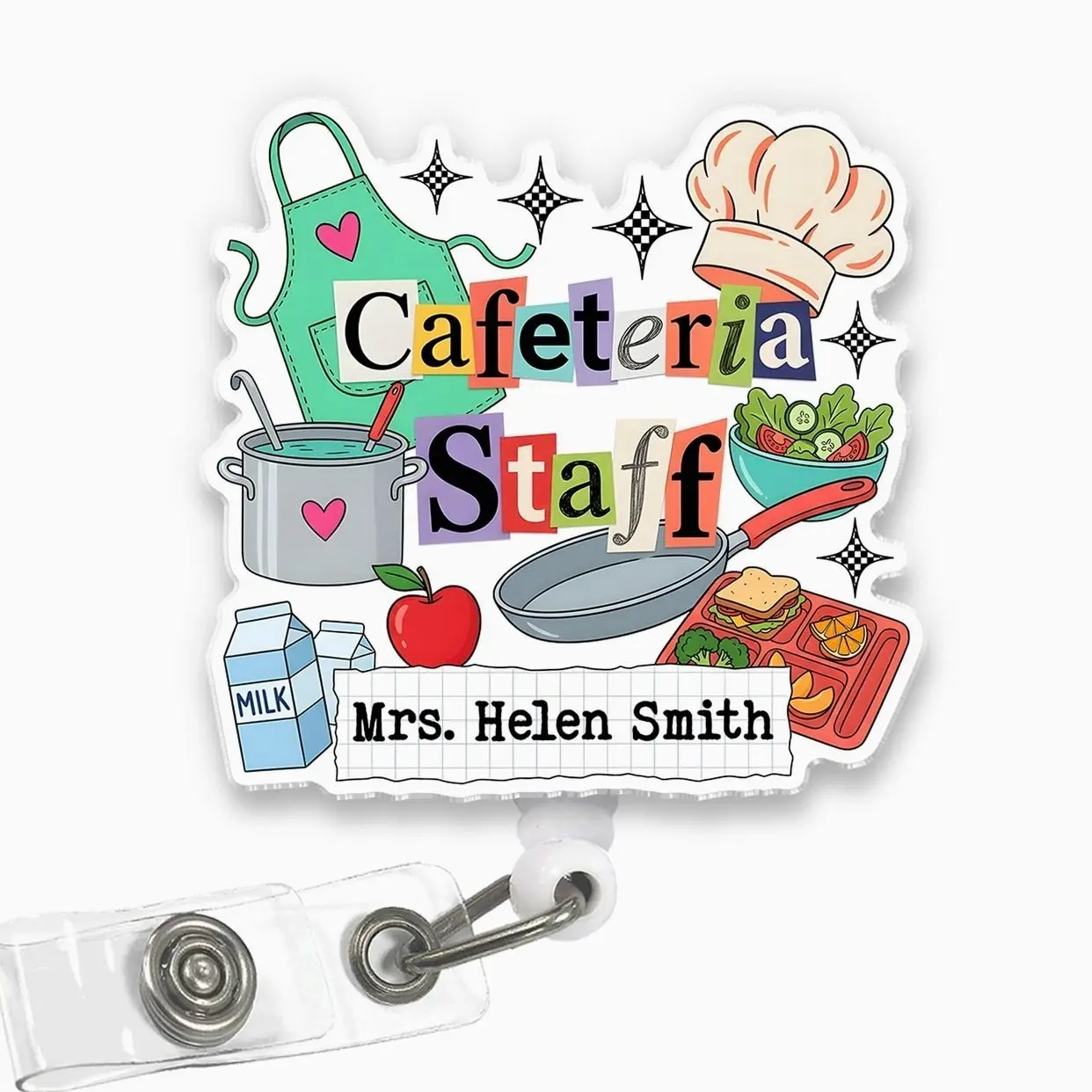 Personalized Cafeteria Staff Badge Reel, Custom Name Lunch Lady Cafeteria Crew Acrylic Retractable Badge Holder with Clip, Food Service ID Holder 7F9