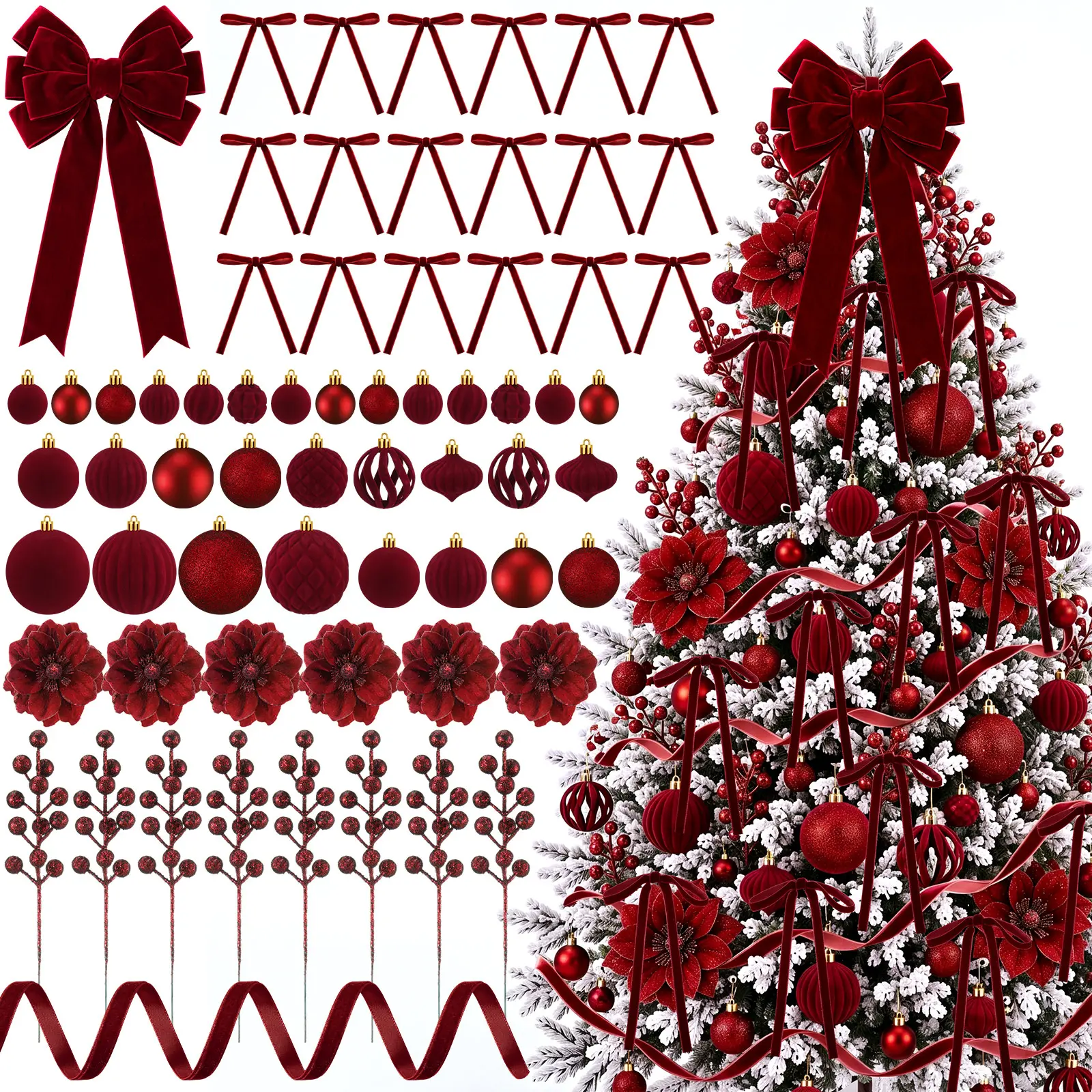 98 Piece Christmas Tree Decorations Set, 60 Assorted Christmas Ball Ornaments, Velvet Bows, Poinsettia Flowers, Berry Picks, Ribbon for Xmas Tree Holiday Party Decoration, Christmas Decorations