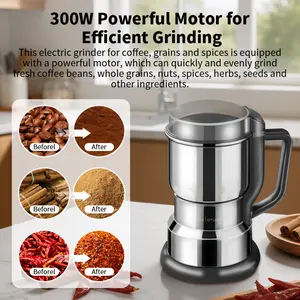 Electric Coffee Grinder Multifunctional Coffee Bean SpiceBeans Vanilla Stainless Steel Mixer 300W High PowerCrusher coffee grinder Electric Coffee Stainless SteelMeasuring Pitcher with Lid Espresso Distribution Tool withStand fast grind