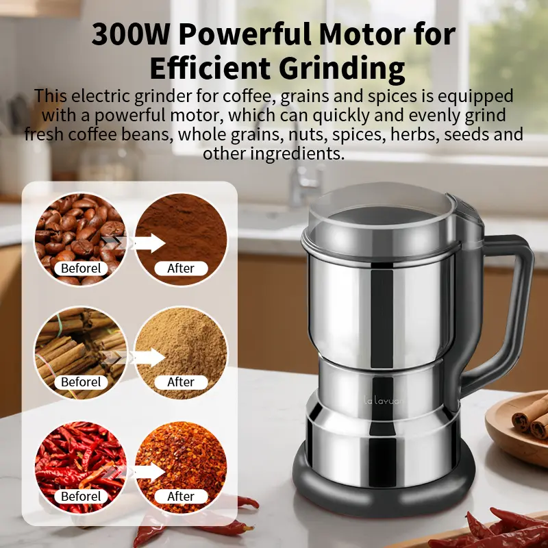 Electric Coffee Grinder Multifunctional Coffee Bean SpiceBeans Vanilla Stainless Steel Mixer 300W High PowerCrusher coffee grinder Electric Coffee Stainless SteelMeasuring Pitcher with Lid Espresso Distribution Tool withStand fast grind
