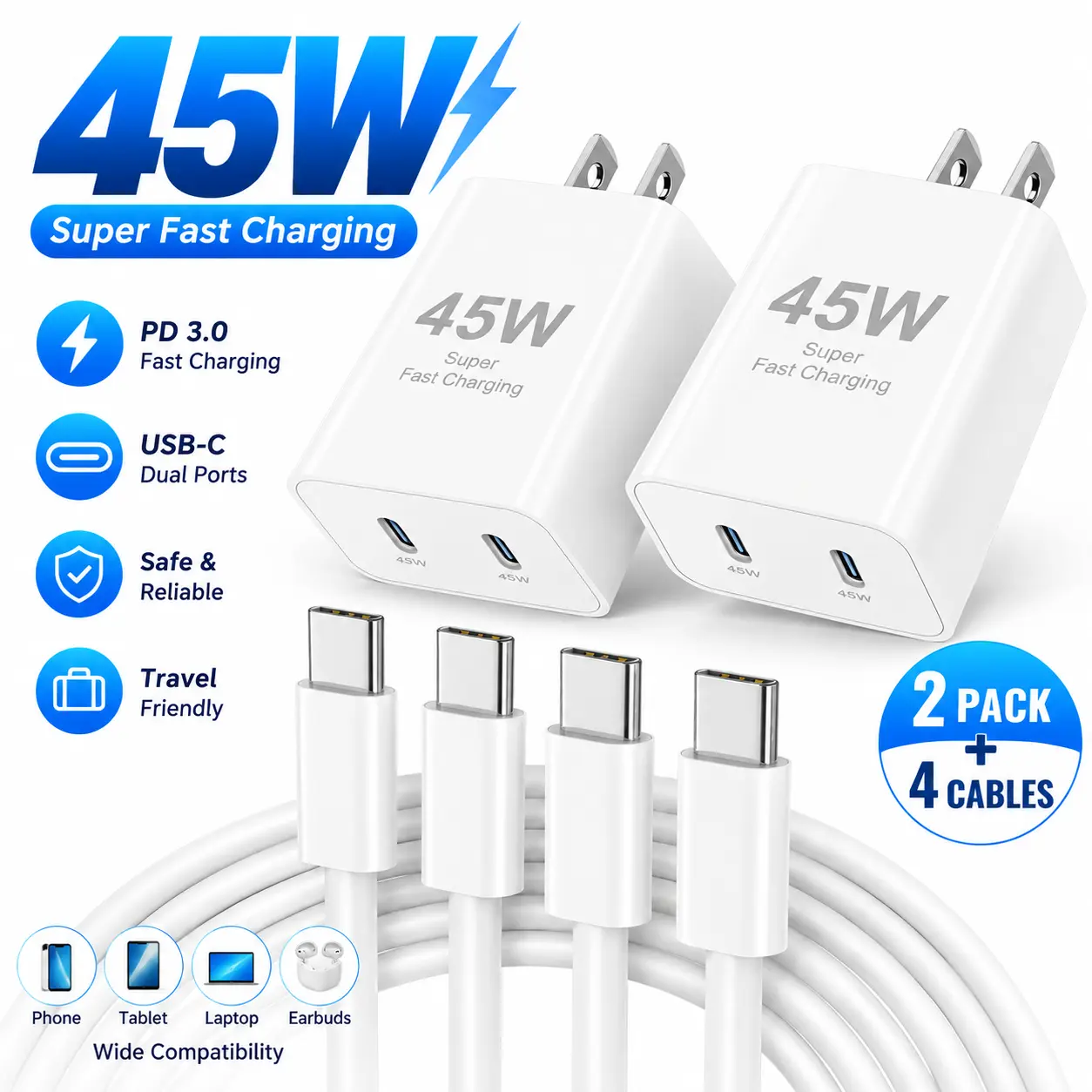 2-Pack 45W Dual Port Fast Wall Phone Charger with 4-Pack 10FT Type-C Cables, Protected Accessory for iPhone (18/17/16/15 Pro Max), iPad (Air/Mini) Tablets & USB Type-C Devices