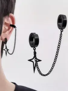 1pc 304 Stainless Steel Hip Hop Style Chain Pendant Earring, No Piercing Needed, Perfect for Daily Wear & Parties, Ideal Gift, Non Piercing Earrings