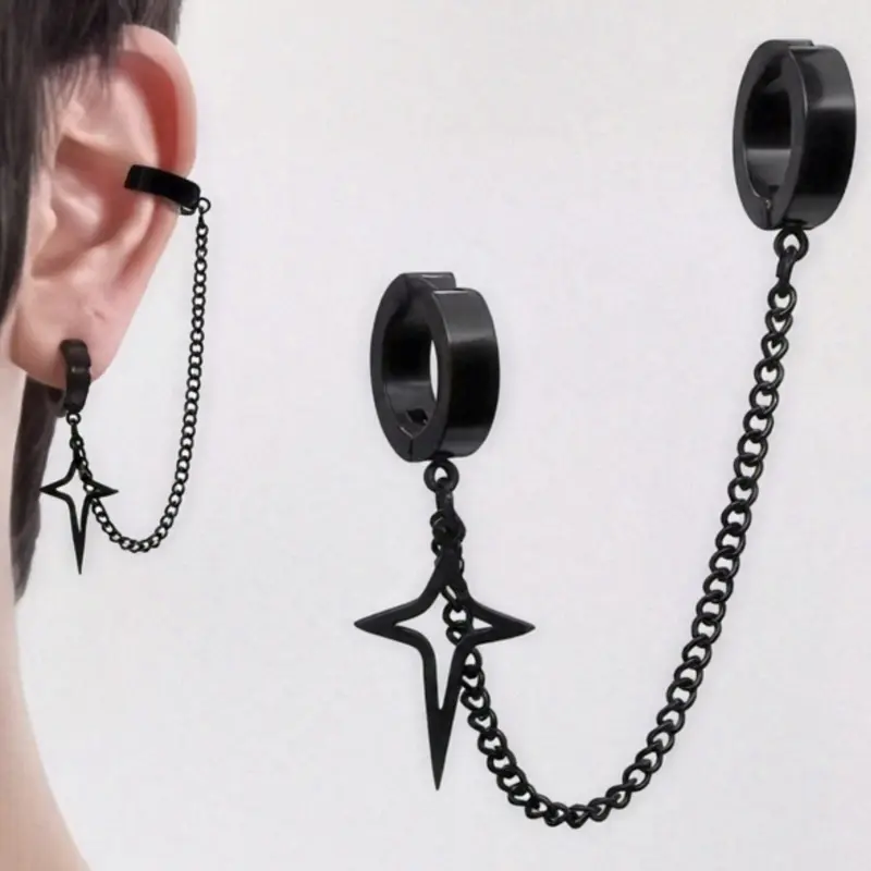 1pc 304 Stainless Steel Hip Hop Style Chain Pendant Earring, No Piercing Needed, Perfect for Daily Wear & Parties, Ideal Gift, Non Piercing Earrings, Trendy Jewelry, Non Pierced Earrings