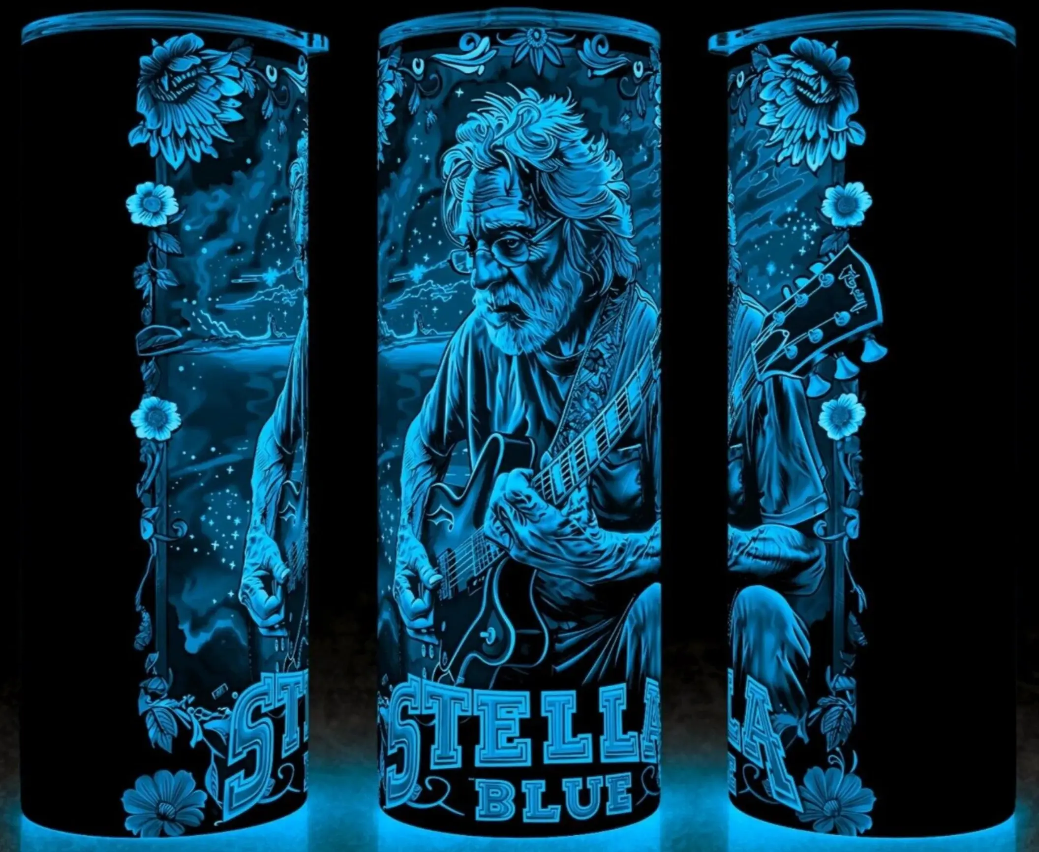 Glow in the Dark Grateful Dead Jerry Garcia Stella Blue Rock N Roll Cup Mug Tumbler 20oz- Stainless Steel, Rock n Roll Fans, Modern Drinkware - Washable Classic Flasks Plastic Reusable