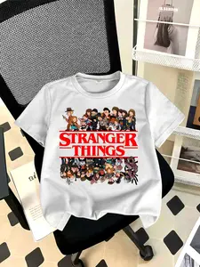 Stranger Things Trendy Print Short Sleeve T-Shirt, Fashionable Comfortable Casual Wear, Fun Graphic Design, Unisex Fitted Tee