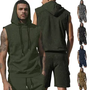 New Vintage Washed Elastic Tracksuit Set, Men Sleeveless Hoodie & Casual Sports Shorts