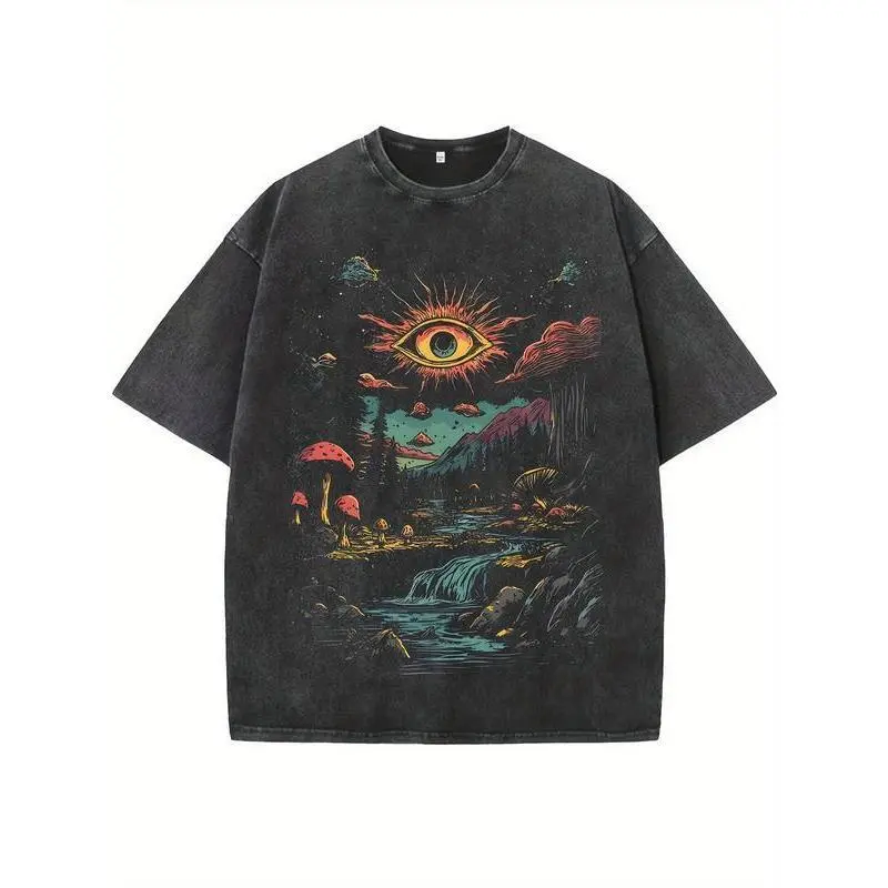 Womens Summer Graphic Tees, Vintage Psychedelic Eye and Mushroom Printed Short Sleeve Cotton T Shirts Tops