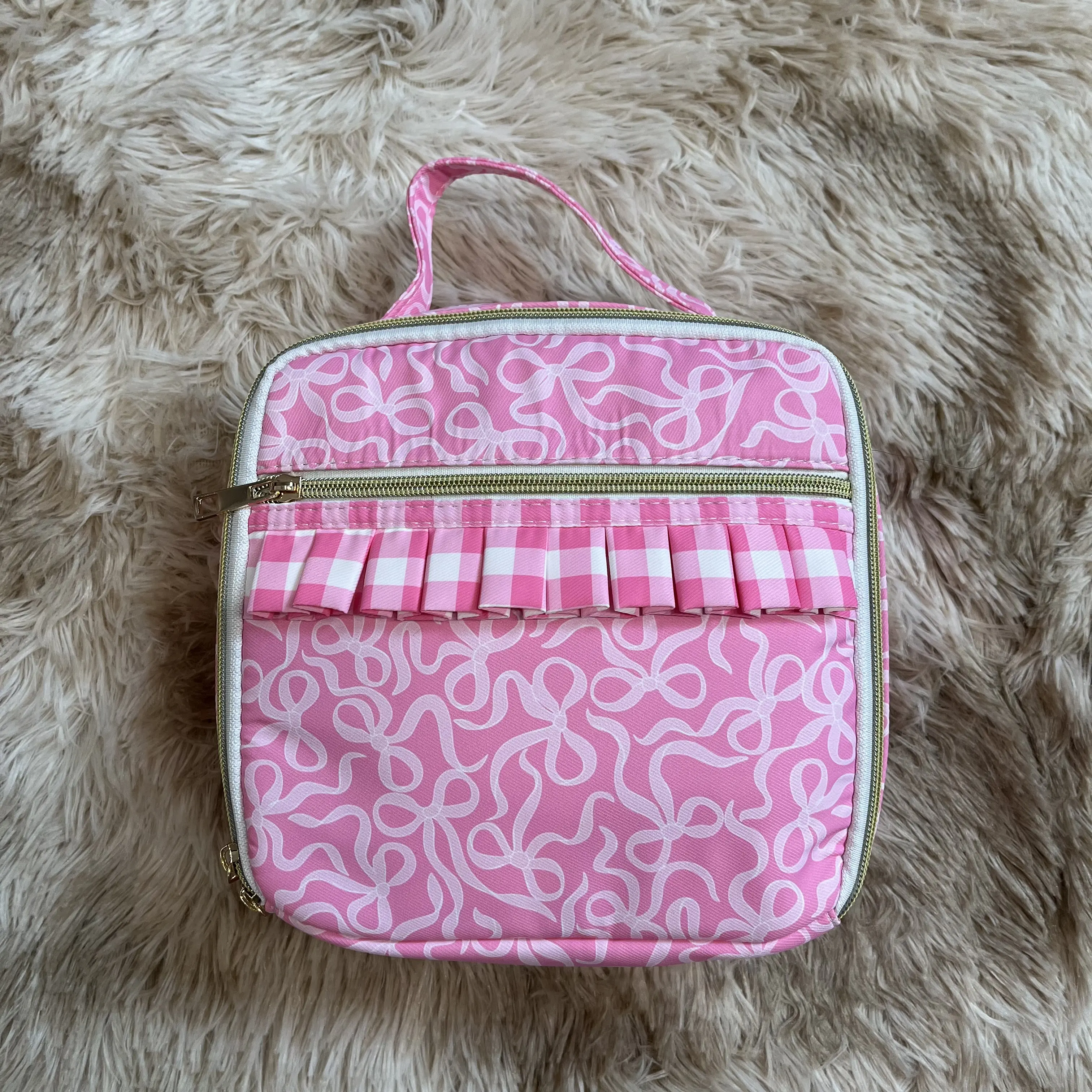 Kids' Cute Pink Gingham Ruffle Bow Lunchbox - 8.3"x8.3"x3.2" Reusable Portable Zip-Closure Food Container for School