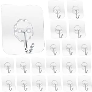 20 Pack Transparent Adhesive Hooks 33 lb(Max) 15KG  and Oilproof  Seamless Hooks Heavy Duty Wall Hook for Kitchen Bathroom Office