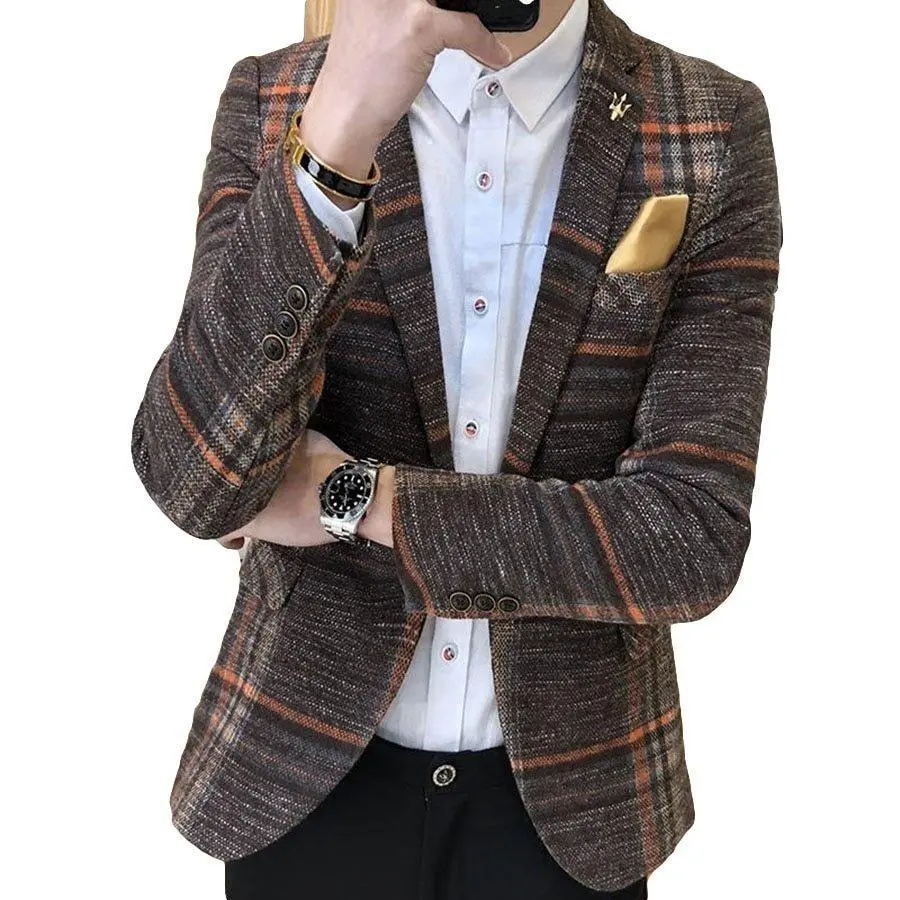 Men's Slim-Fit Checked Blazer - Polyester Fabric Menswear for Formal Wear
