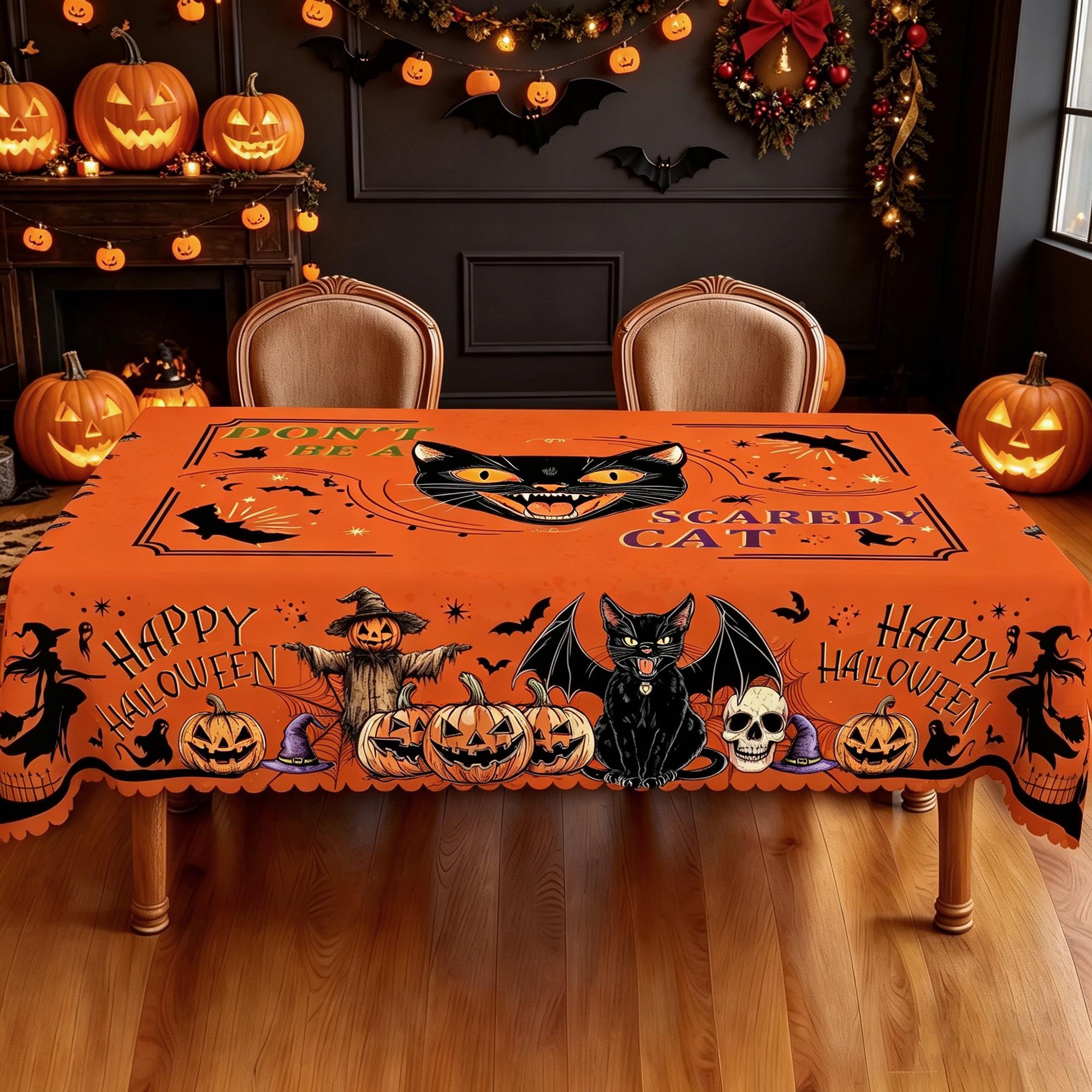 BOOPBEEP Halloween Printed Tablecloth - Vintage Farmhouse Style, Pumpkin & Black Cat Patterns, Rectangular/Round Dining/Kitchen Cover, Nostalgic Halloween Decor, Brunches Indoors Use, Holiday Gift, Pumpkin Ghost Pattern Kitchen Linen Sets, Decoration, Ind