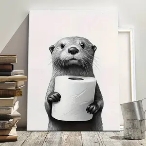 1 piece canvas painting with wood frame, ready to hang, a sea otter and toilet paper canvas print, wood frame wall art, humorous bathroom decorations for living room, bedroom, kitchen, office, school, classroom, single party gift idea