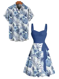 2025 Couple Set Women's Tropical Flower Leaf Print Belted Mini Vacation Dress And Men's Short Sleeve Shirt Matching Outfit
