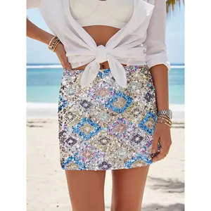 Women's Summer Mini Skirts Sequins Geometric Pattern Skirt for Daily, Travel, Parties