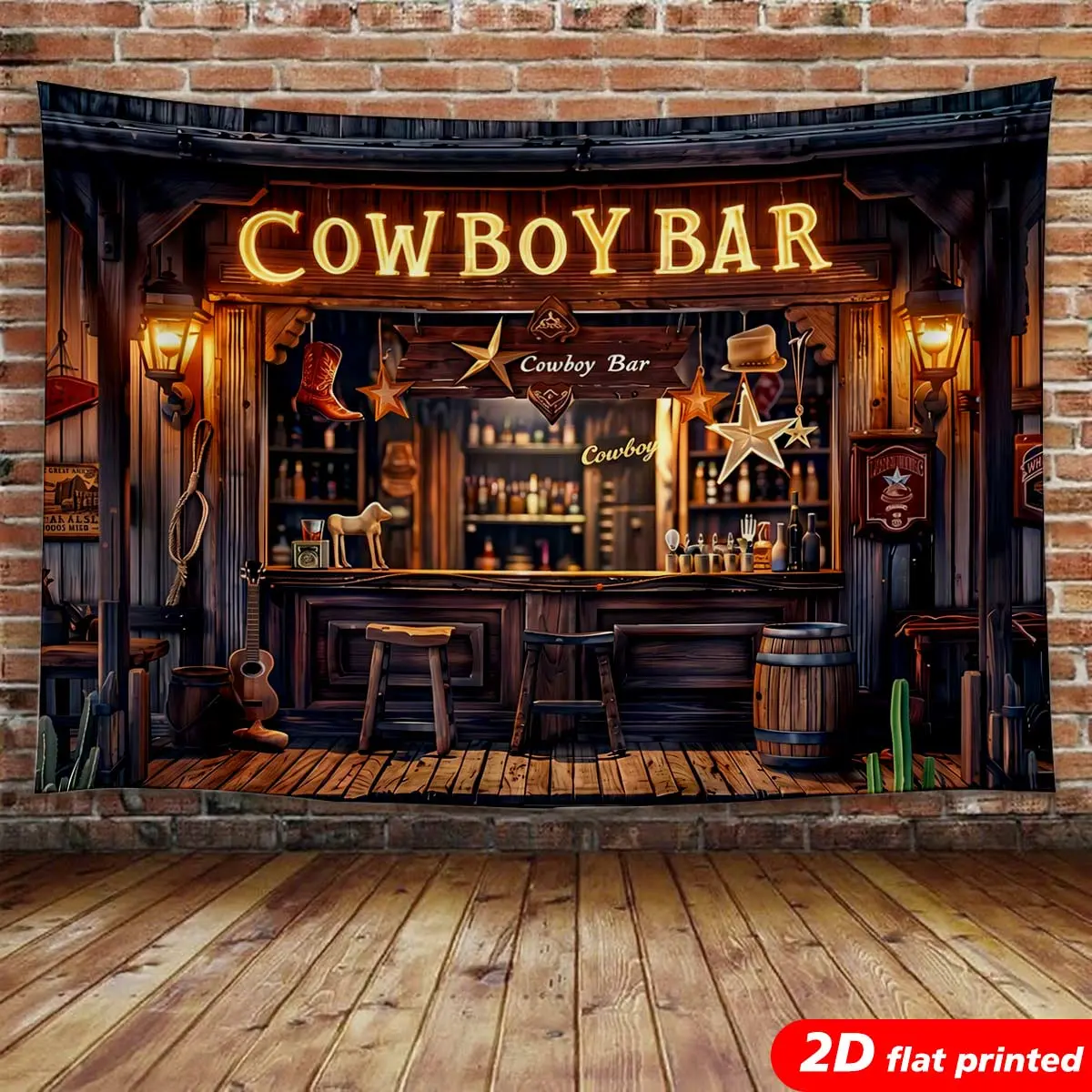 Western Cowboy Bar Tapestry Wall Hanging - Lightweight 2D Flat Artwork Print Tapestry, Western Saloon Neon Light Design, Rustic Wood-Inspired Room Decor, Man Cave Backdrop, Ideal Gift for Home Enthusiasts, Artwork Print Tapestries