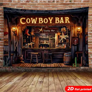 Western Cowboy Bar Tapestry Wall Hanging - Lightweight 2D Flat Printed, Western Saloon Neon Light Design, Rustic Wood-Inspired Home Decor, Man Cave Backdrop, Ideal Gift for Home Supplies Enthusiasts