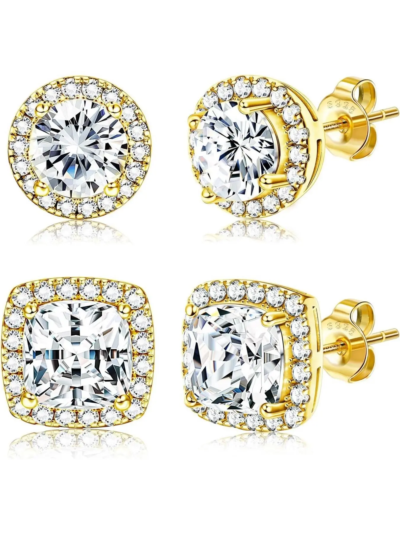 18K Gold Plated Halo Stud Earrings Cubic Zirconia Stud Earrings Round Square Diamonique Stud Earrings Set for Women Men Stud Earrings Jewelry Studs Earrings