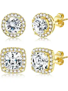 18K Gold Plated Halo Stud Earrings Cubic Zirconia Stud Earrings Round Square Diamonique Stud Earrings Set for Women Men Stud Earrings Jewelry Studs Earrings