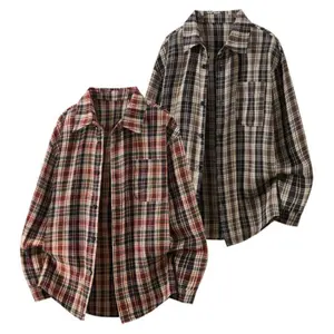 Men's Vintage Contrast Color Plaid Long Sleeve Shirt for Spring and Autumn, Trendy Loose Casual Fashion Versatile Long Sleeve Shirt, Unisex Summer Shirt, Collared Buttoned Long Sleeve Cardigan, Suitable for Daily Wear and Outdoor Activities