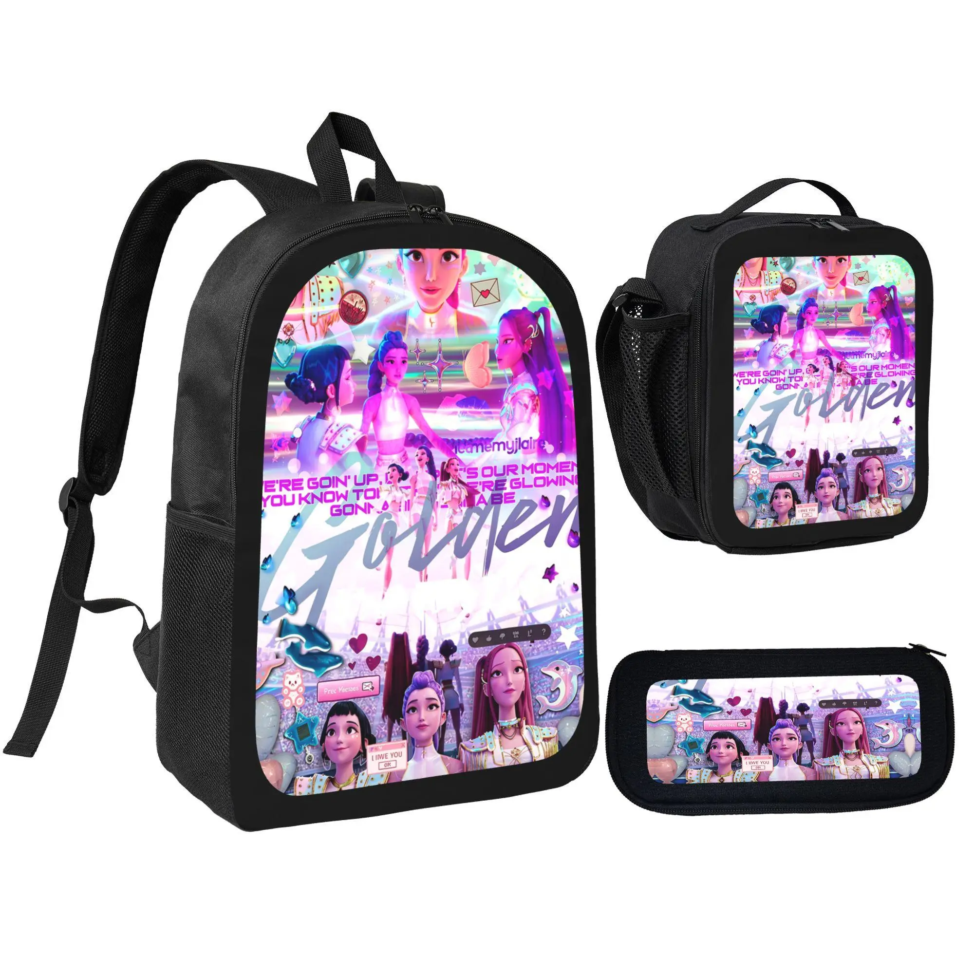 Girls' 3-Pcs Polyester Golden KPOP Theme Backpack Set - Multi-Pockets, Includes Lunch Bag & Pencil Pouch, School Bag for Kids Students, Back to School Gift
