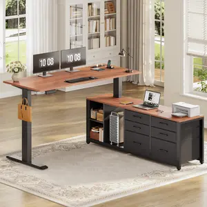 SEDETA 55.1 Inch L Shaped Electric Standing Desk Height Adjustable Office Executive Desk with 6 Fabric Drawers and Storage Shelves Sit Stand Computer Desk with Power Outlet