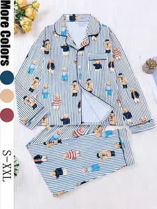 Women's Fall Winter Pajama Set, Long Sleeve, Cute Bear Print, Comfortable Lapel Top & Elastic Pants, Casual Home Wear, Ladies Sleepwear Series
