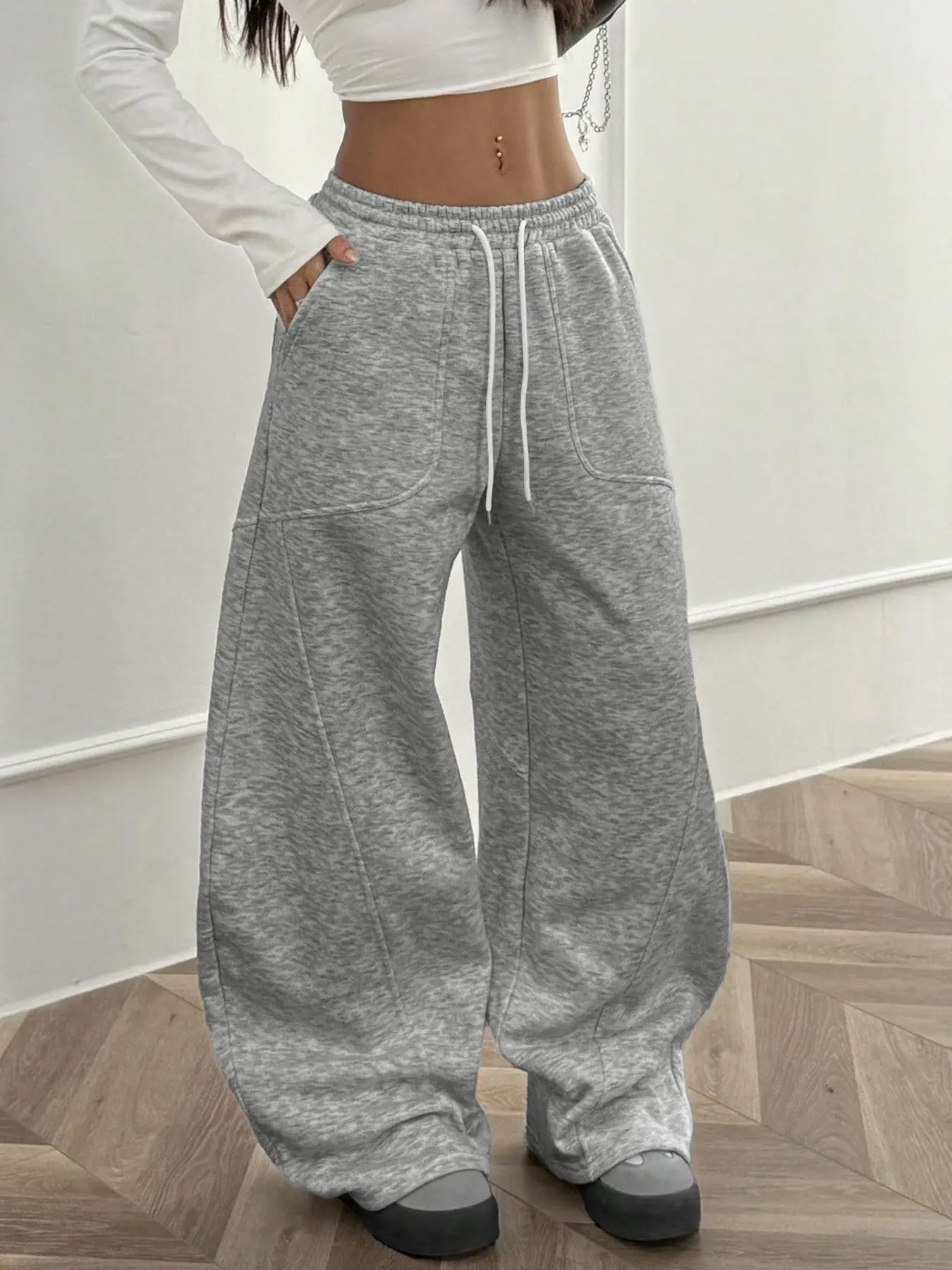Women's Streetwear Back To School Preppy Casual Warm Comfortable French Grey Elastic Waistband Curved Hem Pants Wide Leg Sweatpants Comfy Pants Gray Sweatpants