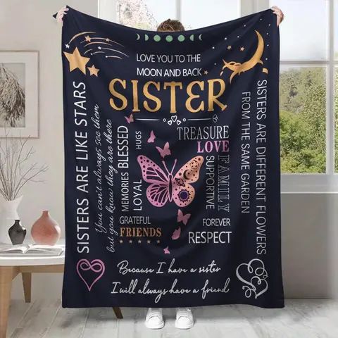 Butterfly & Letter Pattern Blanket, Present for Sister, Soft Warming Flannel Blanket, Napping Blanket for Rest Home Bedroom, Machine Washable Blanket
