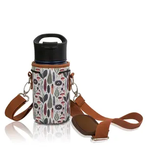 SMALL Water Bottle Carrier Neoprene Holder with Adjustable Padded Shoulder Strap - 12oz-14oz, Height 5" Diameter 3" Strap 55"