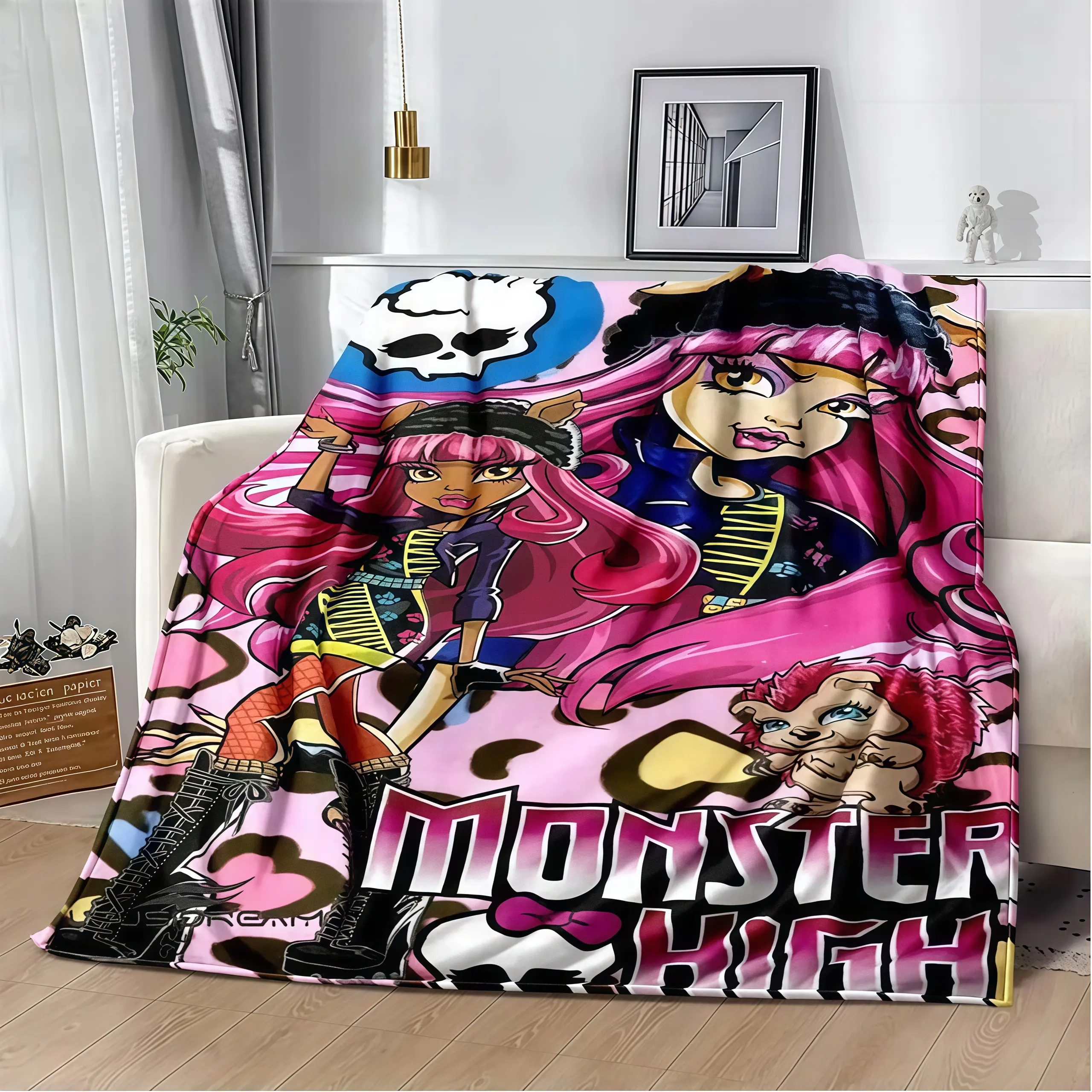 Monster High Flannel Blanket Ultra Soft Cozy Warm Creepy Cute Style Draculaura Frankie Fans Teen Girl Gifts Bedroom Throw Home Use Air Conditioning Summer Dorm Couch Back to School Y2K Pink Bed Cover Aesthetic Plush Present