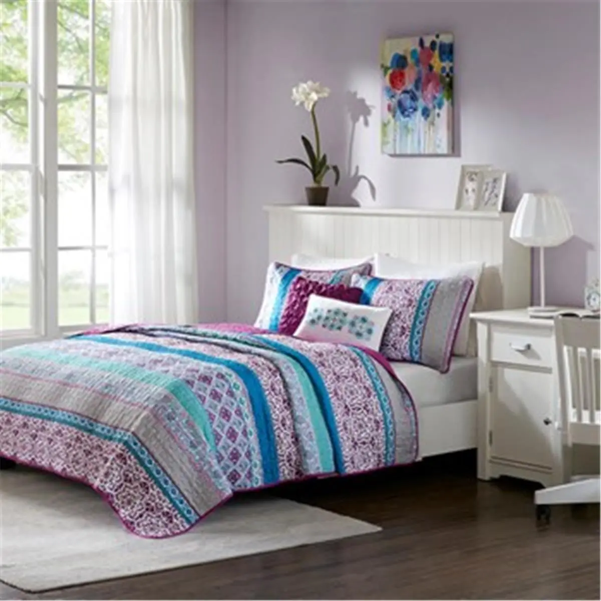 212 MAIN Brushed Microfiber 5-Piece Global Inspired Boho Vibes Coverlet Set - Purple, Full&Queen (Full Size Bed Compatible) Bedroom Bedding Set for Reptile & Amphibian Pet Decorations, Bedding Queen Sets