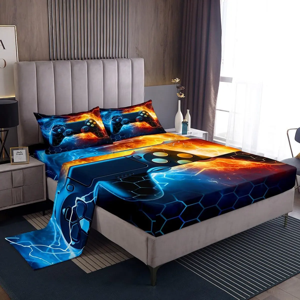 Feelyou Boys Gamer Microfiber Bedding Sheet Set - Blue Red Honeycomb Design, Deep Pocket Fitted Sheet with Lightning & Gamepad Prints, Soft Bedding Linens, Microfiber Bed Sheets, Soft Bedding Sheet