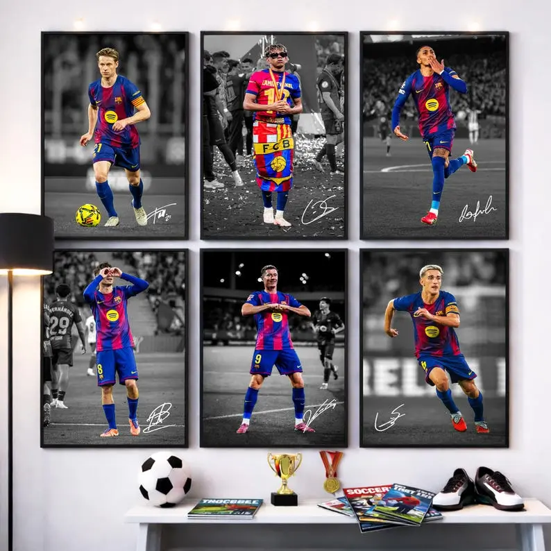 FC Barcelona Signed Poster Set, Barcelona Players Wall Art, Yamal, Lewandowski, Pedri, Gavi, Raphinha, De Jong, Gift for Soccer Fans ( Unframed-Print Only )