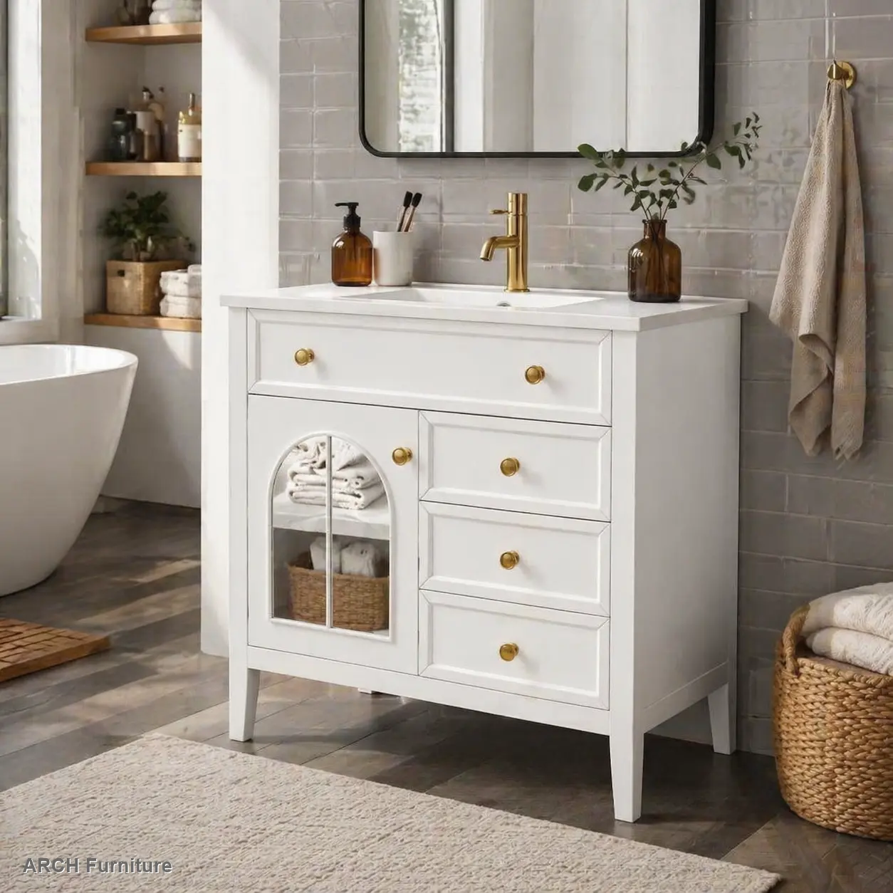 35.6" White Freestanding Bathroom Vanity Sink Table - Farmhouse Style Bathroom Furniture, Antique-Glass, Motion Light, Storage Cabinet, Thick Base, High-End Indoor Cupboard with Drawers for Apartments, Freestanding Bathroom Furniture