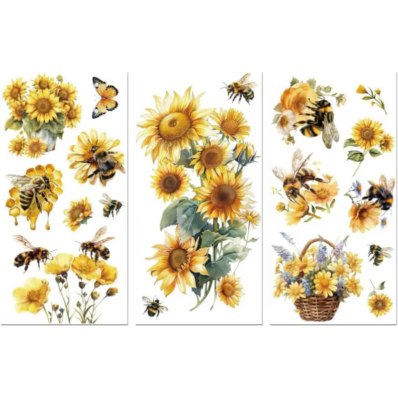 Rub on Transfer Sticker for Furniture Crafts Decor 6"x12" Bees and Sunflowers, 3Pcs Waterproof UV DTF Transfer for Lingerie Chests Drawer Dresser Glass Porcelain  Plastic