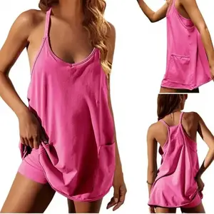 VerveVogue Women's Summer Sleeveless Mini Dress V Neck Spaghetti Straps Athletic Built-in Shorts Sundress
