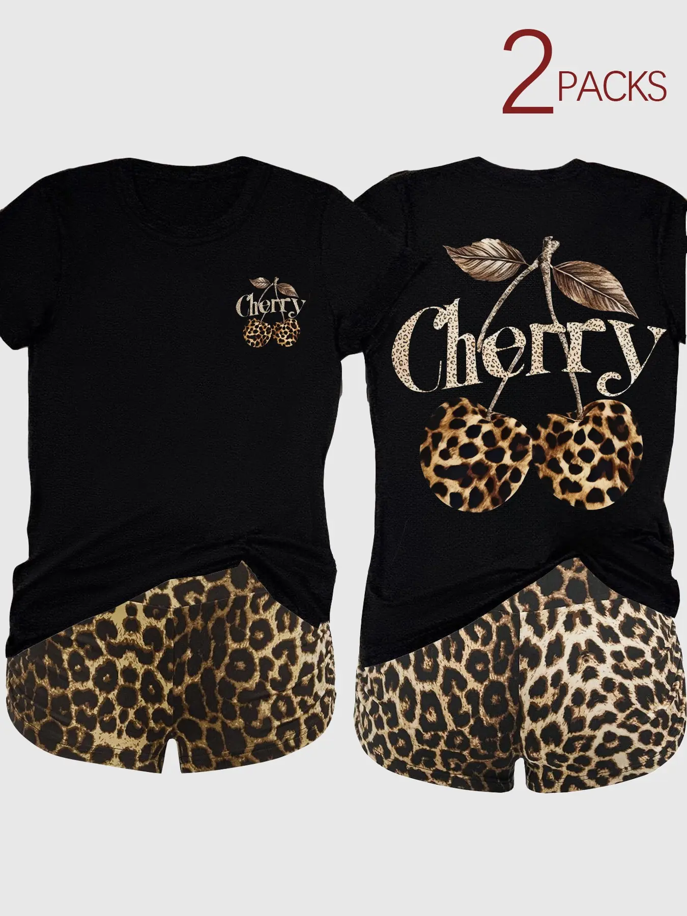 2-Pack Value Bundle, Matching Short-Sleeve Tees & High-Waisted Leopard Print Shorts, Cozy Style for Lazy Days, Cute At-Home Womenswear Clothes