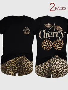2-Pack Value Bundle, Matching Short-Sleeve Tees & High-Waisted Leopard Print Shorts, Cozy Style for Lazy Days, Cute At-Home