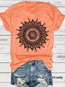 Geometric Mandala Print Round Neck T-Shirt, Casual Vacation Women's Fitted Short Sleeve Top, Soft Fabric, Daily Comfort, Elegant Design