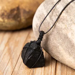 Crystal Gemstone Rough Black Tourmaline Pendant Wire Wrapped Pendant Necklace for Women Men Hand Braided Woven Necklace, Gift for him her