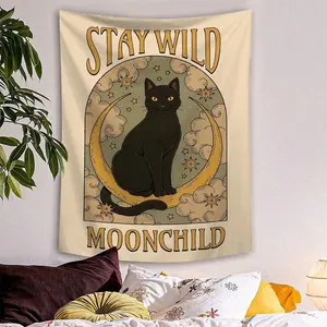Tapestry  1pc Black Cat & Moon Printed Tapestry, Polyester Material Wall Hanging For Living Room, Bedroom, Office, Home Decoration, Party Decor, Rectangular Shape, Room Decor, Flags For Room, Room Stuffs, Wall Tapestry